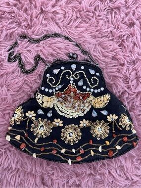 Vintage 1950s Beaded Black Evening Chain Bag with Floral Embellishment